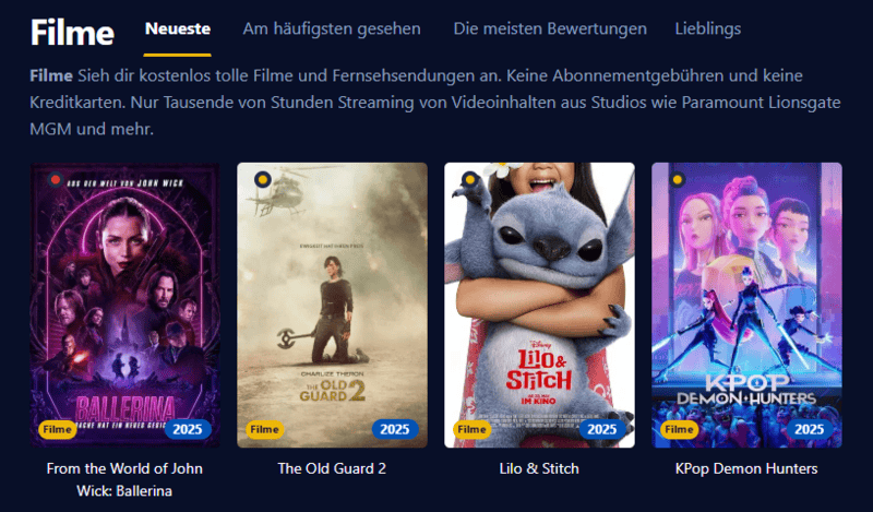 Bildschirmaufnahme der Filmwelt Benutzeroberflaeche die verschiedene Filmtitel und Serienepisoden anzeigt